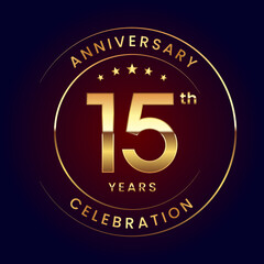Fototapeta premium 15th Anniversary. A luxurious and simple logo design with gold color ring and text for an anniversary celebration event. Logo Vector Illustration