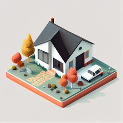 Isometric house. Illustration of an isolated house with a garden on an isometric plane with white background 
