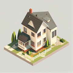Isometric house. Illustration of an isolated house with a garden on an isometric plane with white background 