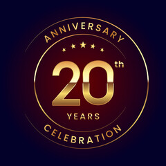 20th Anniversary. A luxurious and simple logo design with gold color ring and text for an anniversary celebration event. Logo Vector Illustration