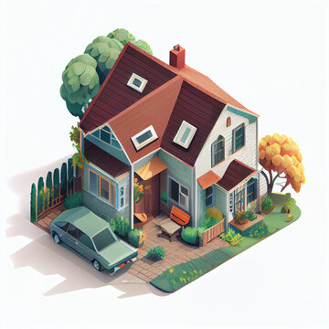 Isometric house. Illustration of an isolated house with a garden on an isometric plane with white background 
