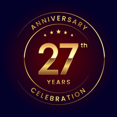 27th Anniversary. A luxurious and simple logo design with gold color ring and text for an anniversary celebration event. Logo Vector Illustration