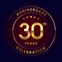 30th Anniversary. A luxurious and simple logo design with gold color ring and text for an anniversary celebration event. Logo Vector Illustration