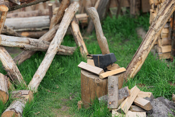 Retro wooden items, rural style houses and utensils