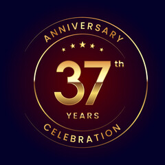 37th Anniversary. A luxurious and simple logo design with gold color ring and text for an anniversary celebration event. Logo Vector Illustration