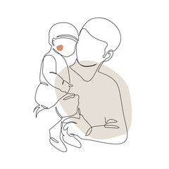 Father little kid line drawing. Abstract family continuous line art