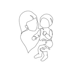 Woman holding infant minimal one line art. Mother and child drawing.