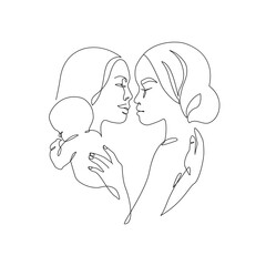 Abstract lesbian couple with a child line art drawing. LGBT lesbian homosexual family.
