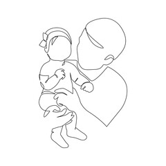 Father little kid line drawing. Abstract family continuous line art. Young dad hugging his son