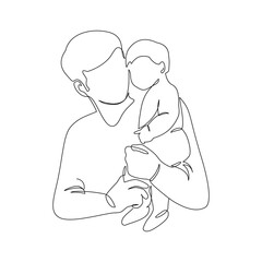 Father little kid line drawing. Abstract family continuous line art. Young dad hugging his son