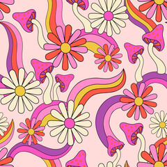 Fun daisy chamomile flowers, mushrooms, rainbows seamless pattern. - 558113159