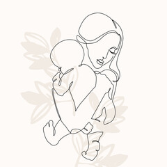 Woman holding baby minimal one line art. Mother and child.