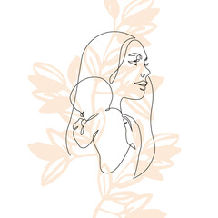 Woman holding baby minimal one line art. Mother and child.