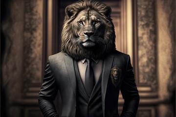 Lion in the three-piece black suit. lion in the suit. lion. suit. Generative AI