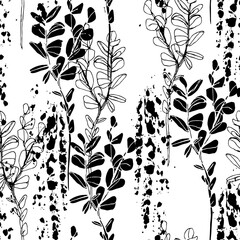 Abstract paint brush strokes and plant twig silhouettes seamless pattern.