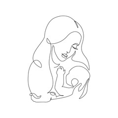 Woman holding baby minimal one line art. Mother and child.