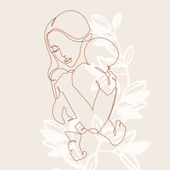 Woman holding baby minimal one line art. Mother and child. - 558113190