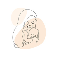 Woman holding baby minimal one line art. Mother and child.
