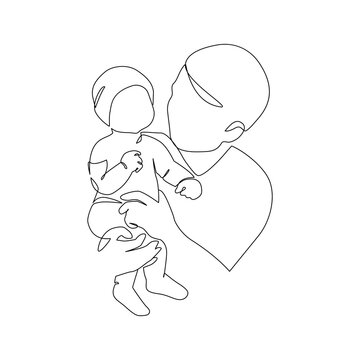 recommend clip art: Father little kid line drawing. Abstract family continuous line art. Young dad hugging his son