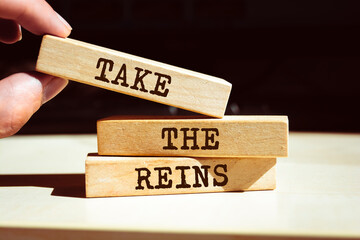 Closeup on businessman holding a wooden blocks with text TAKE THE REINS, business concept