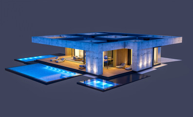 Obraz na płótnie Canvas 3d rendering of new concrete house in modern style with pool and parking for sale or rent only one floor in evening. Isolated on black
