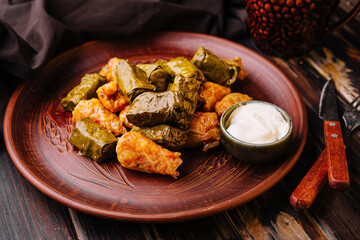 Dolma with meat, rice in grape leaves