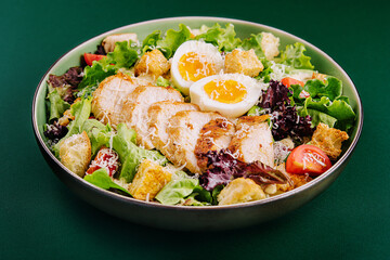 Caesar salad with chicken breast on green background