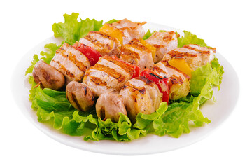 pork skewers with grilled bell peppers and mushrooms