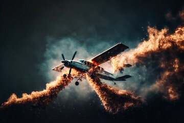 A plane on fire falls out of the sky. Action scene. 