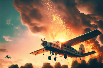 A plane on fire falls out of the sky. Action scene. 