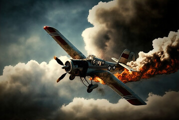 A plane on fire falls out of the sky. Action scene. 