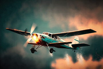 A plane on fire falls out of the sky. Action scene. 