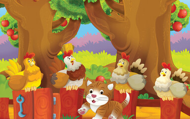 Obraz premium cartoon cat on the farm in garden illustration
