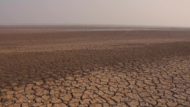 Landscape view of dusty, drought land in summer season at Little Rann of Kutch, Gujarat, India. Climate change concept, global warming. Barren land of Kutch desert.
