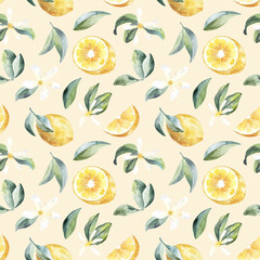 Lemon fruits with leaves and jasmine flower watercolor pattern on beige background