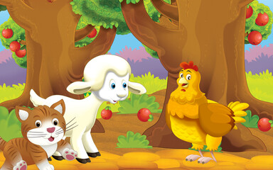 cartoon cat on the farm in garden illustration