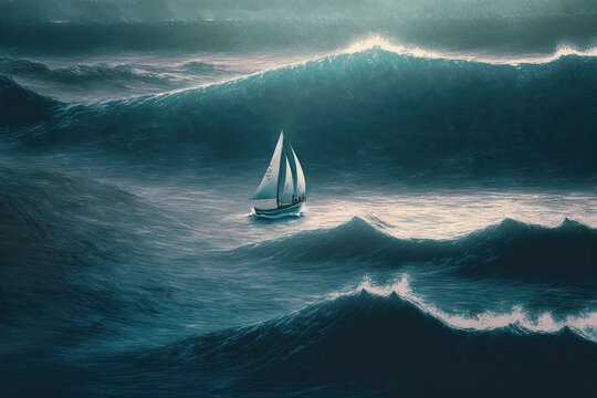 sailboat on sea with stormy weather and big waves. generative ai