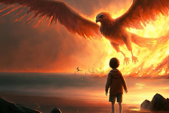 Children and Phoenix. sunrise. digital art style. Fantasy scenery. Concept art.