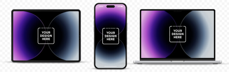Fototapeta premium Modern laptop mockup front view and high quality smartphone and tablet mockup isolated on white background. Notebook mockup and phone device mockup for ui ux app and website presentation.Stock Vector.