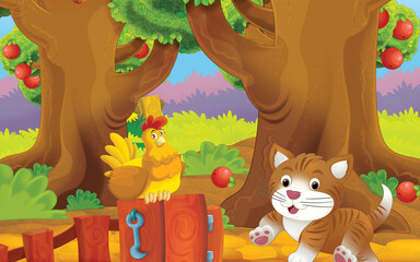 cartoon cat on the farm in garden illustration