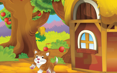 cartoon cat on the farm in garden illustration