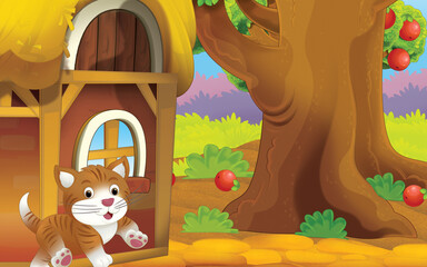 cartoon cat on the farm in garden illustration