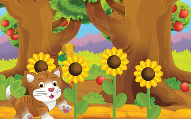 cartoon cat on the farm in garden illustration