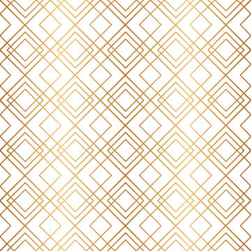 Gold geometric seamless pattern. Repeating fancy background. Abstract golden lattice for design prints. Repeated art deco texture. Elegant diamond shapes. Repeat luxury line. Vector illustration