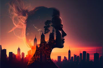Double exposure of a woman profile and landscape. Artificial intelligence AI generated illustration © Jacques Evangelista