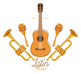 Fototapeta na wymiar Latin music emblem or logo vector flat style illustration isolated, acoustic guitar logotype for recording label or studio or musical band.