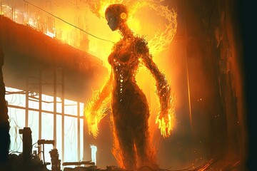 Ghost skeleton standing in the field of flames. Fantasu scenery. Generative AI