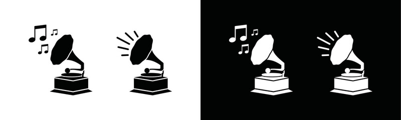 Gramophone icon. Retro gramophone with note music icon symbol. Gramophone instrument sign. Old audio record player for apps and websites, vector illustration
