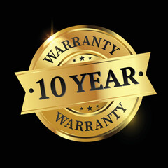 10 year warranty logo with golden shield and golden ribbon.Vector illustration.