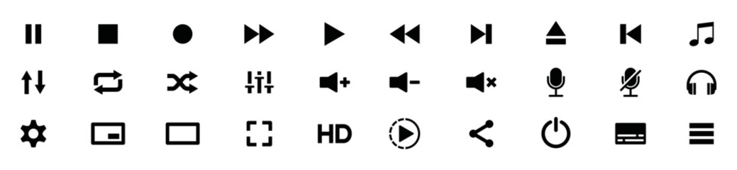 Audio player and video player buttons icon set. Music and sound icon set. Media player buttons icon. Video audio player buttons icon. Music sign, symbol illustration